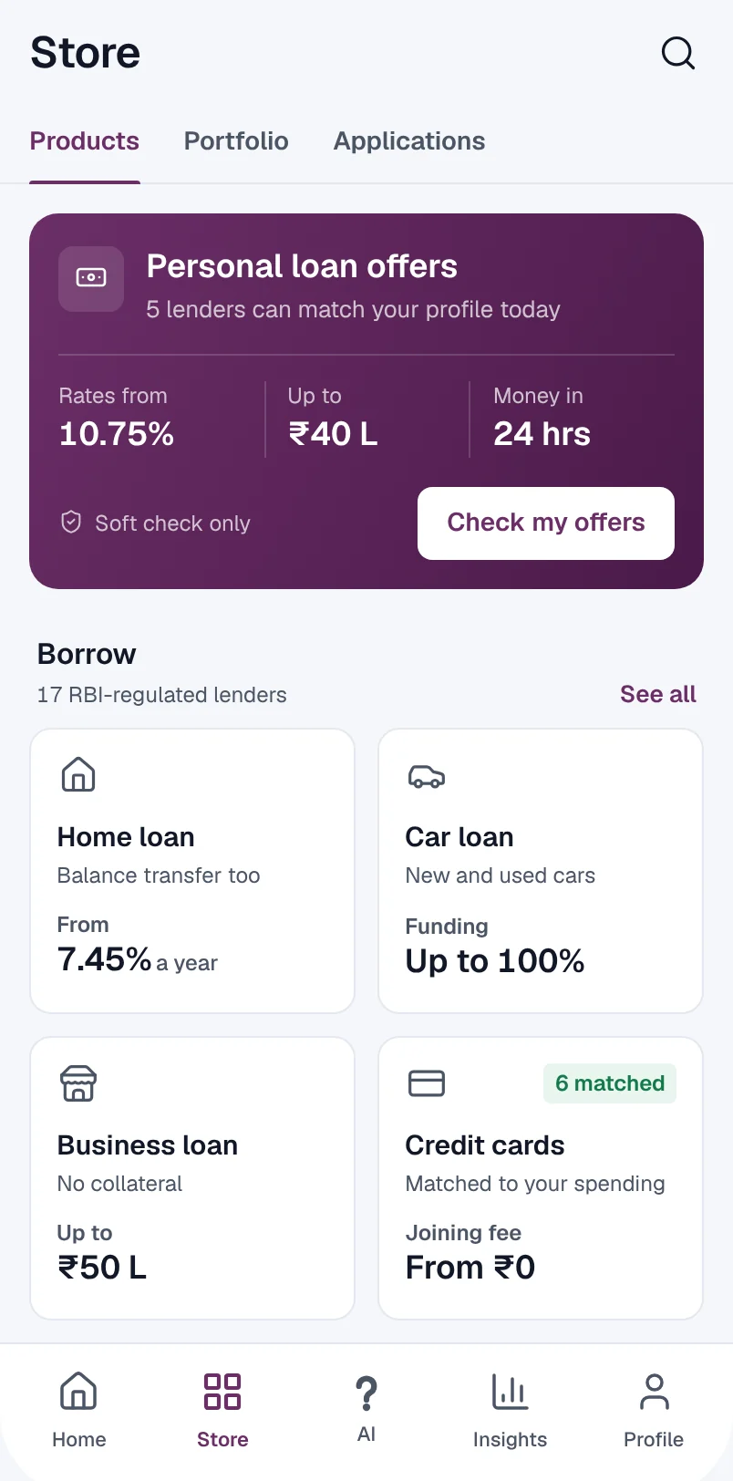 Moncass Store tab: personal loan offers from five lenders, then home, car and business loans and credit cards