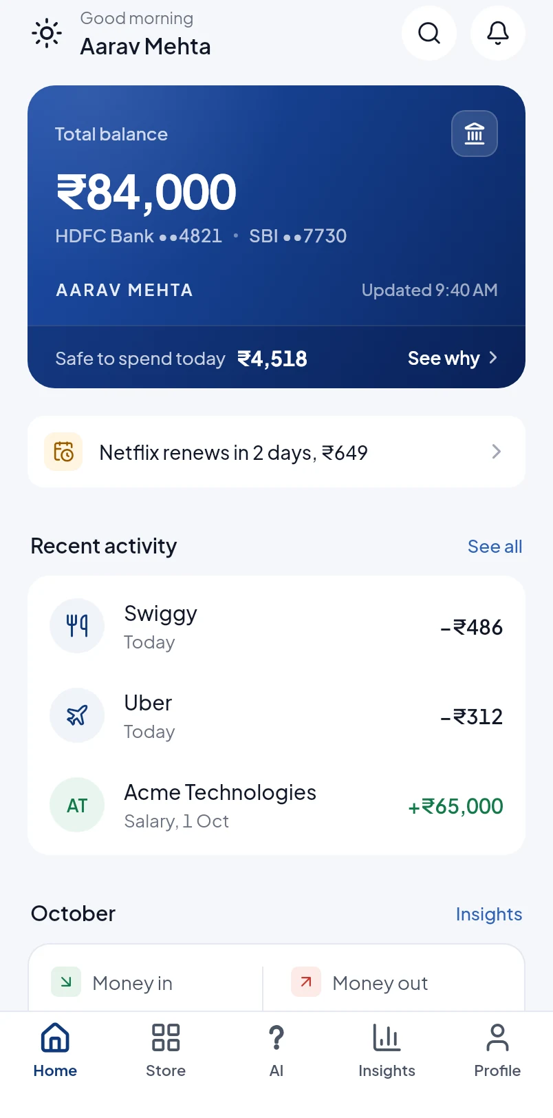 Moncass home screen: total balance of ₹84,000 across HDFC Bank and SBI, ₹4,518 safe to spend today, recent transactions